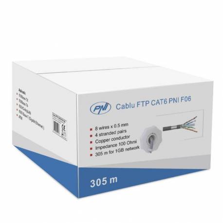 Cablu FTP CAT6 PNI F06 cu 4 perechi pentru internet 1 Gigabit si sisteme de supraveghere Rola 305m