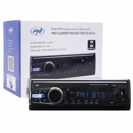 Radio MP3 player auto PNI Clementine Bus Truck 8524BT 4x45w 12V/24V 1 DIN cu SD, USB, AUX, RCA si Bluetooth 24 volt