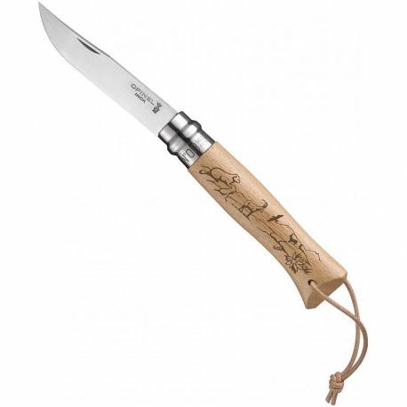 Cutit OPINEL Nr 08, inox, maner gravat marmota, ibex si floare de colt