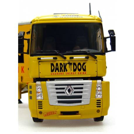 Macheta auto RENAULT MAGNUM + REMORCA DARK DOG (1990) 1:50 galben-negru Universal Hobbies