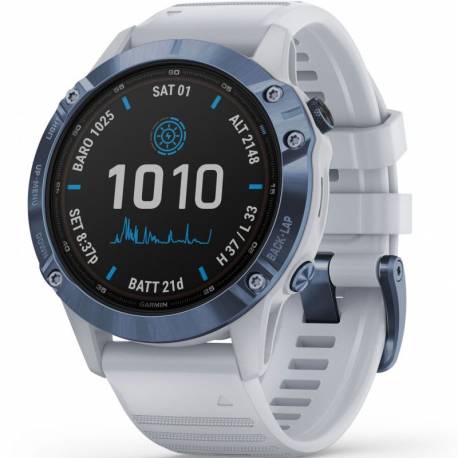 Ceas fitness Garmin Fenix 6 Pro Solar mineral blue titanium, whitestone band, 47mm