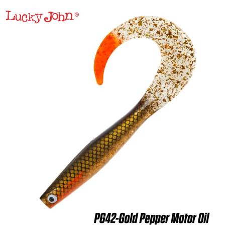 Naluca siliconica LUCKY JOHN Kubira Fire Tail 9", 23cm, 70g, culoare PG42 Gold Pepper Motor Oil