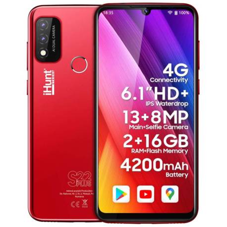 Telefon mobil iHUNT S22 Plus Red, 4G, 4200mAh, 2GB RAM, ecran HD+ IPS 6.1", Android 11 Go