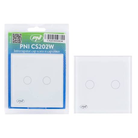 Intrerupator cap scara si cap cruce dublu cu touch PNI CS202W din sticla, alb cu LED indicator