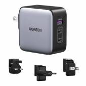 Incarcator de retea UGREEN 65W, 2x USB-C, 1x USB-A, cu priza SUA, UK, UE, Fast Charger, Gri