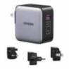 Incarcator de retea UGREEN 65W, 2x USB-C, 1x USB-A, cu priza SUA, UK, UE, Fast Charger, Gri